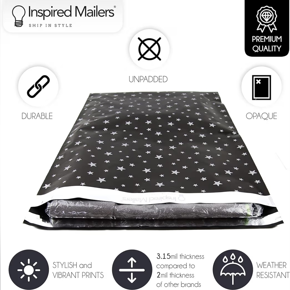 Poly Mailers 16"x22" Black W/ Silver Stars- 20 Pack - Picture 2 of 2